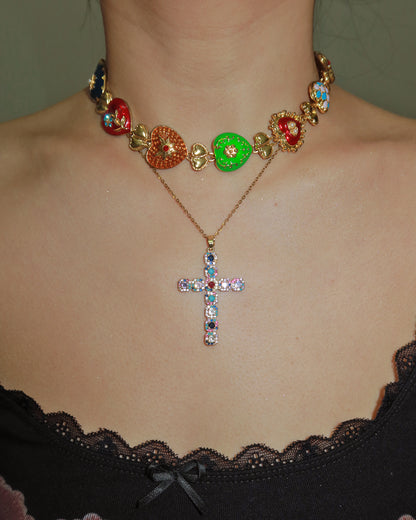 Evangeline Colorful Cross Golden Pendant Necklace