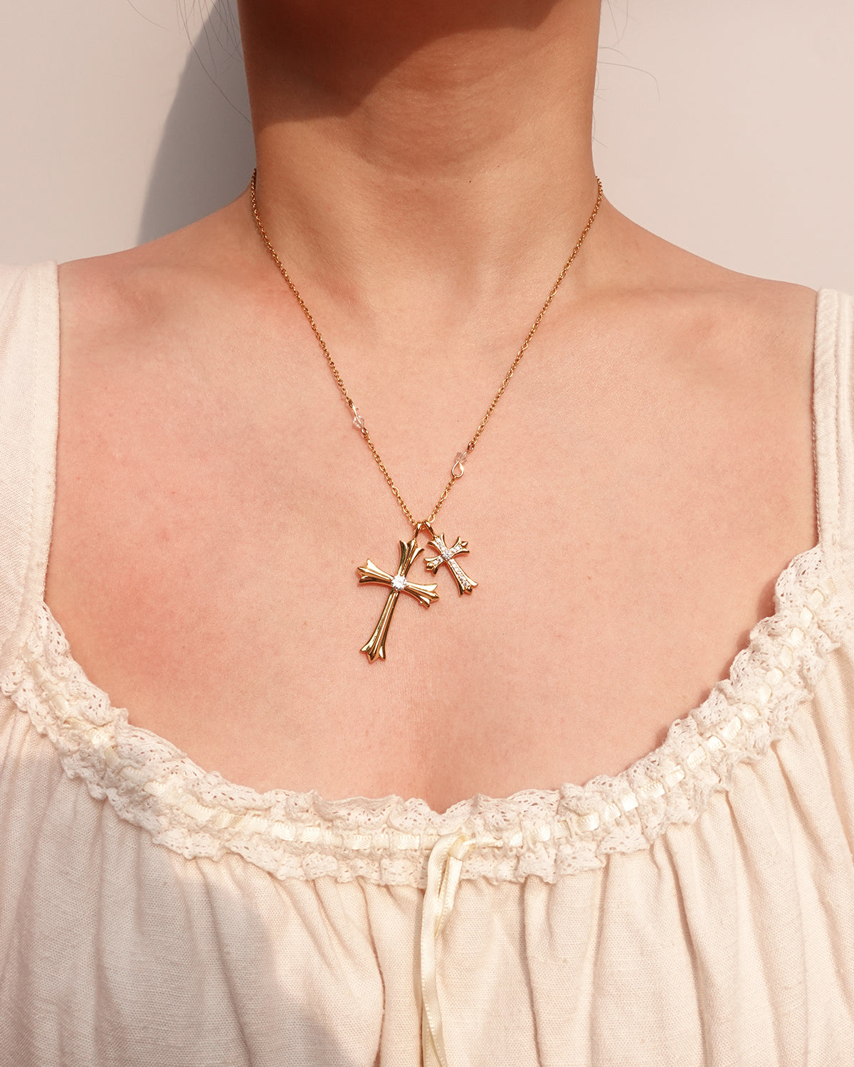 Double Cross Golden Pendant Necklace