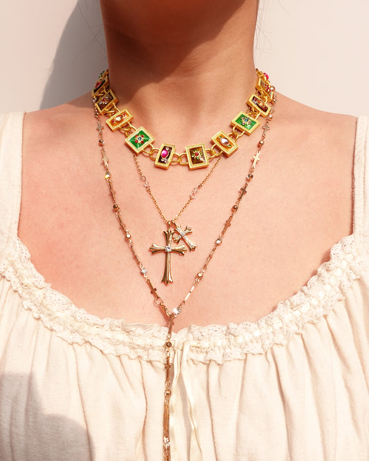 Double Cross Golden Pendant Necklace