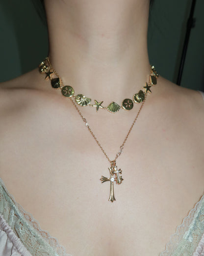 Rachel Double Cross Golden Pendant Necklace