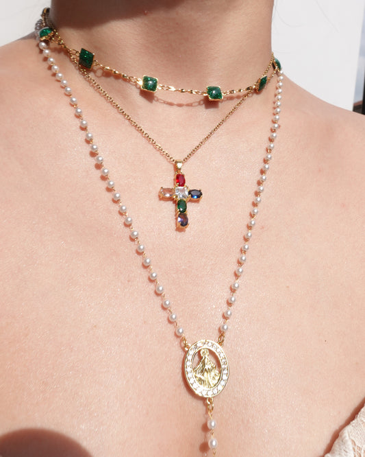 Hedy Green Square Enamel Beaded Golden Necklace