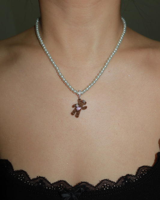 Wendy Cute Brown Pearl Beaded Bear Necklace