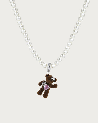 Cute Brown Pearl Beaded Bear Necklace