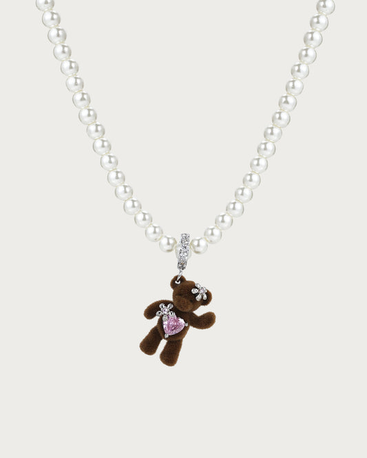 Cute Brown Pearl Beaded Bear Necklace