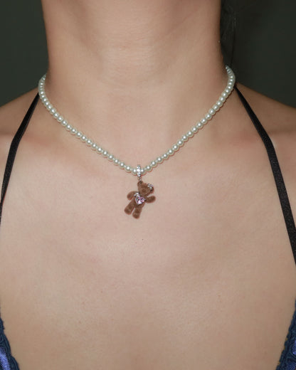 Wendy Cute Brown Pearl Beaded Bear Necklace