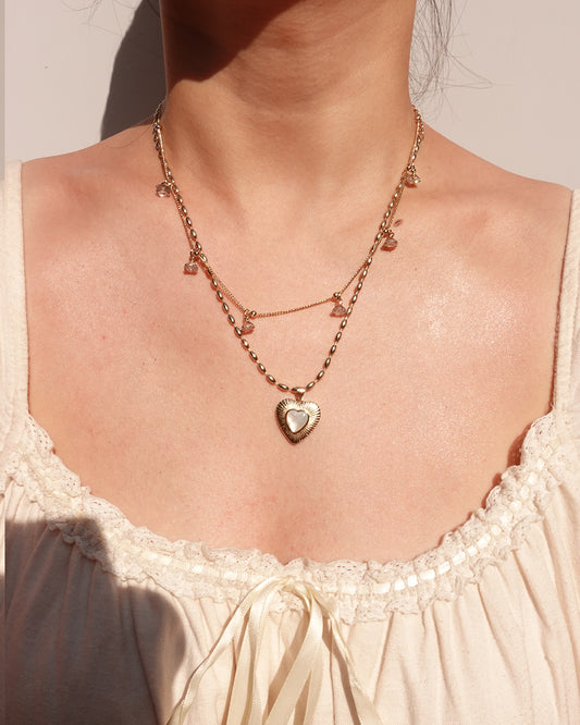 Heart Mother Of Pearl Double Layer Silver Necklace