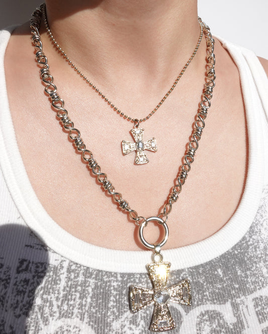 Zenobia Cross Double Layer Silver Necklace