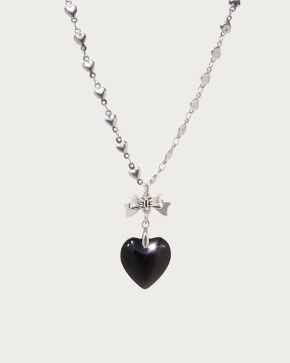 Black Heart Bow Pendant Silver Necklace