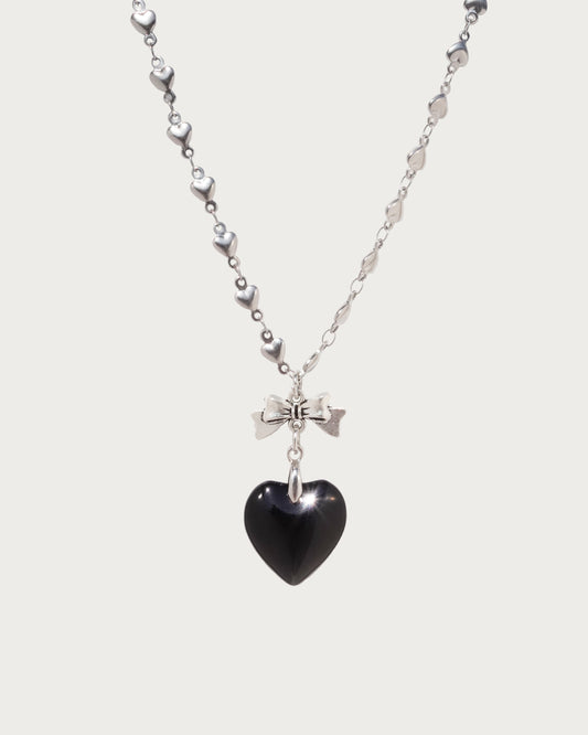 Black Heart Bow Pendant Silver Necklace