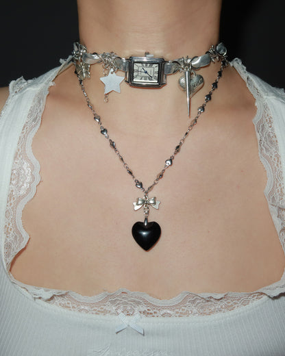Ingrid Black Heart Bow Pendant Silver Necklace