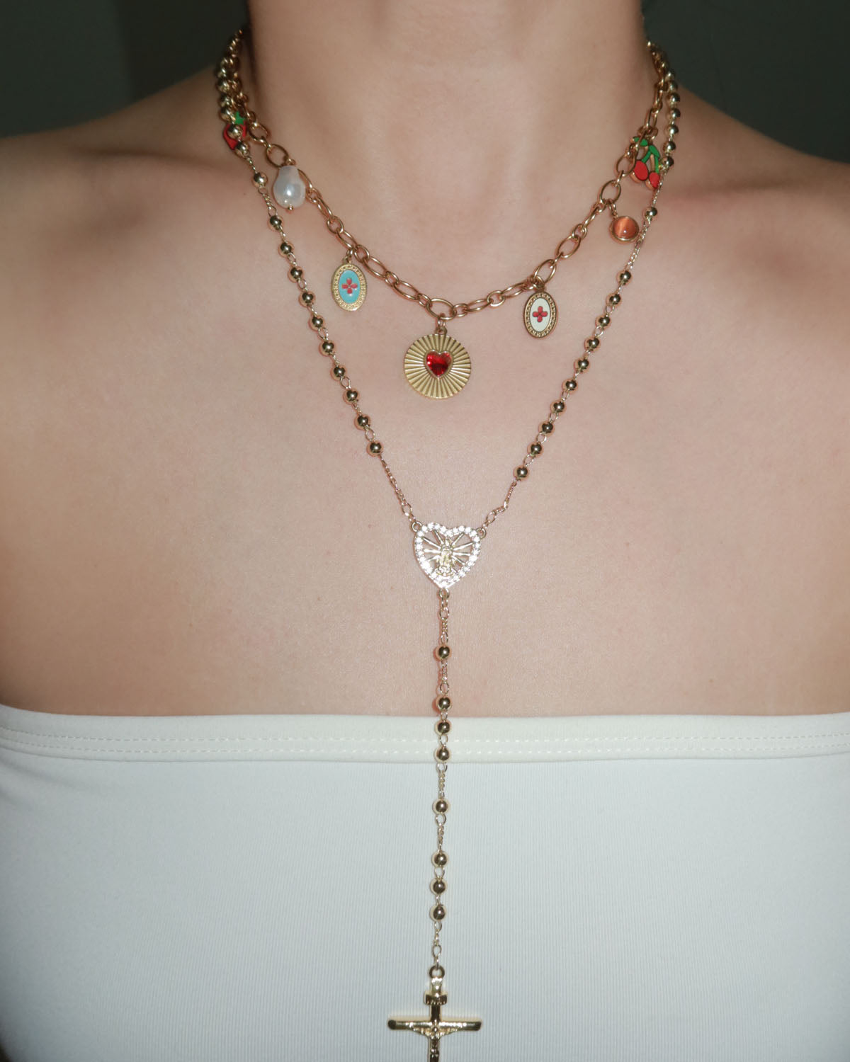 Maggie Guadalupe Beaded Heart Golden Lariat Necklace