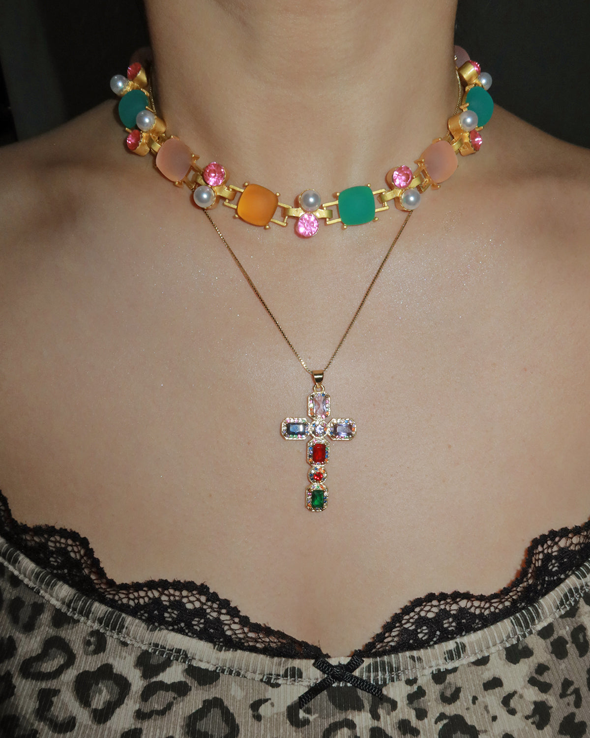 Michelle Colorful Cross Golden Pendant Necklace