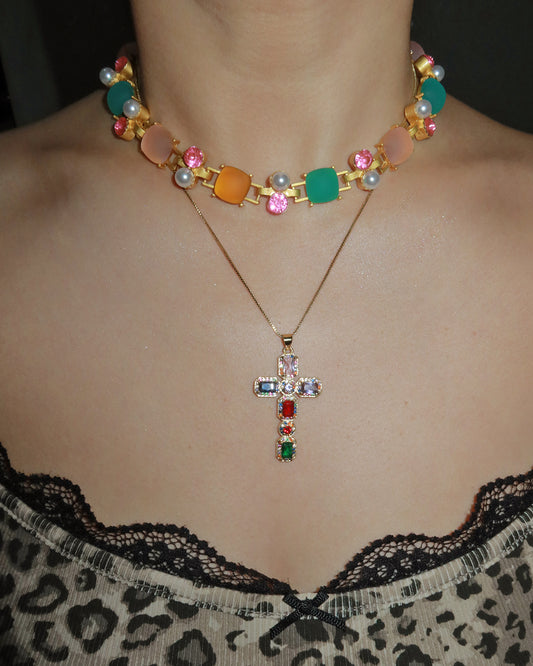Michelle Colorful Cross Golden Pendant Necklace