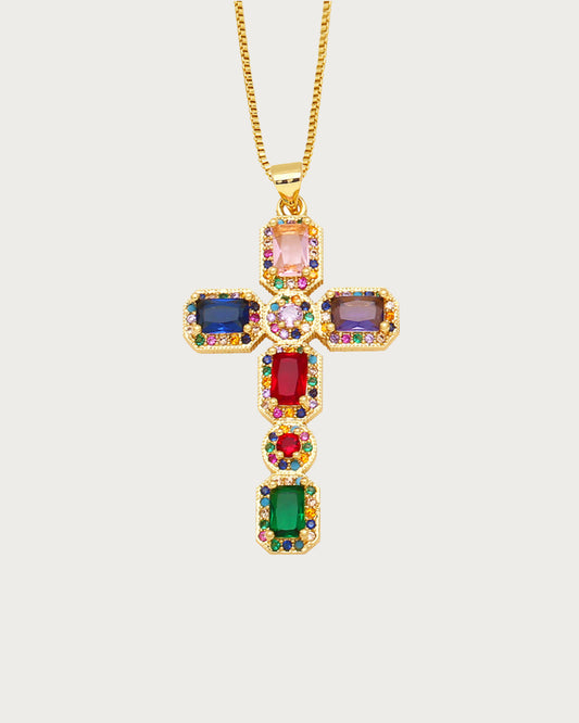 Colorful Cross Golden Pendant Necklace