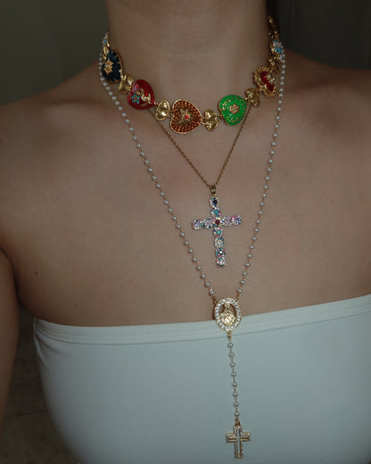 Marjorie Virgin Mary Pearl Beaded Cross Golden Lariat Necklace