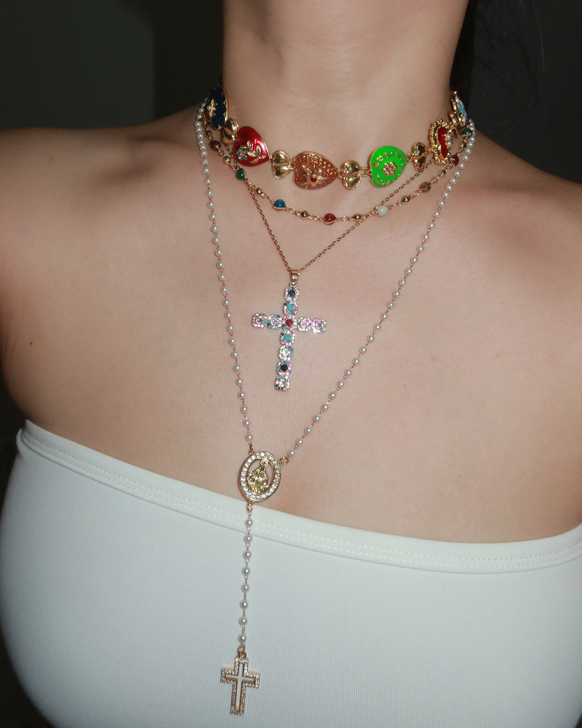 Marjorie Virgin Mary Pearl Beaded Cross Golden Lariat Necklace