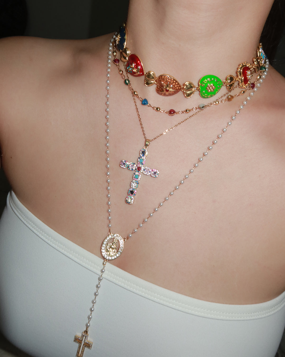 Marjorie Virgin Mary Pearl Beaded Cross Golden Lariat Necklace