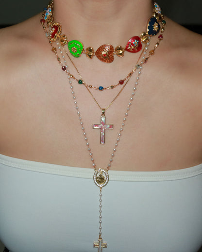 Dora Pink Sea Shell Cross Golden Pendant Necklace