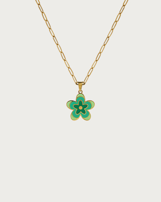 Lindo collar con colgante dorado de flor verde