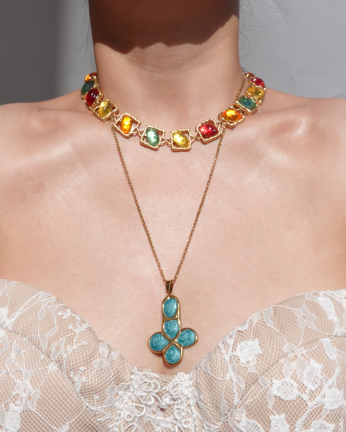 Jade Funky Green Cross Golden Necklace