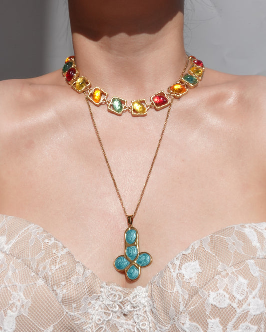 Jade Funky Green Cross Golden Necklace
