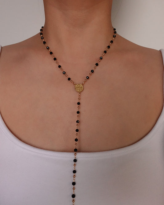 Black Bead Coin Golden Lariat Necklace