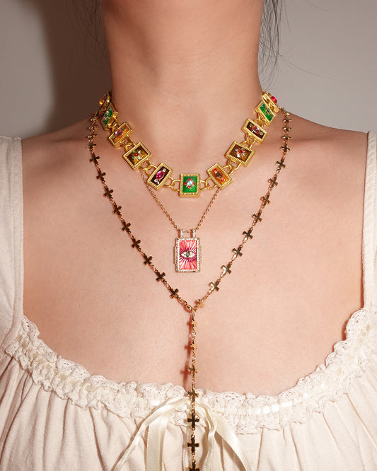 Romantic Enamel Glaze Medieval Golden Necklace