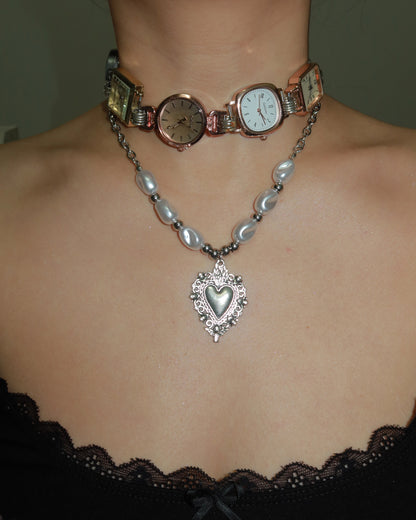 Ivy Heart Baroque Silver Necklace