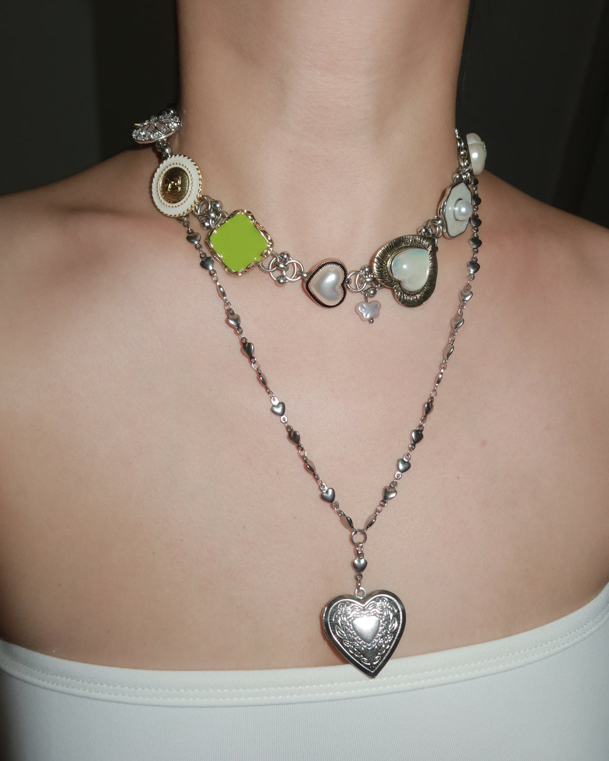 Lyuba Heart Buttons Pearl Silver Necklace