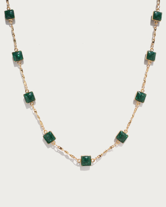Green Square Enamel Beaded Golden Necklace