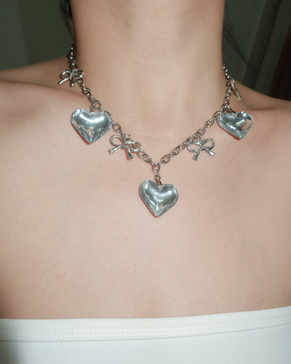 Ava Heart Bow Tie Silver Necklace