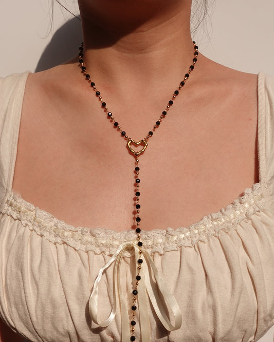 Black Beaded Heart Golden Lariat Necklace