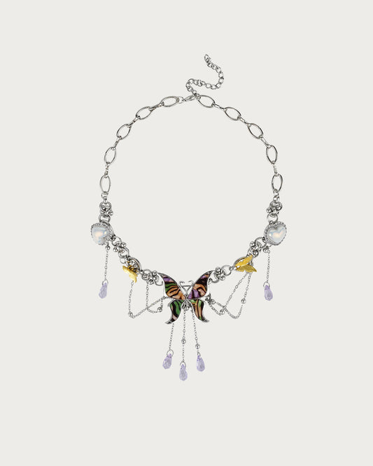 Butterfly Purple Heart Silver Necklace