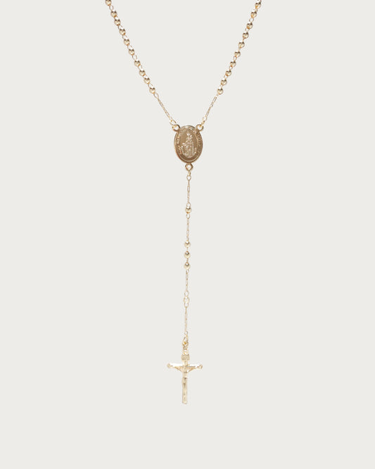 Rosary Beaded Cross Golden Lariat Necklace