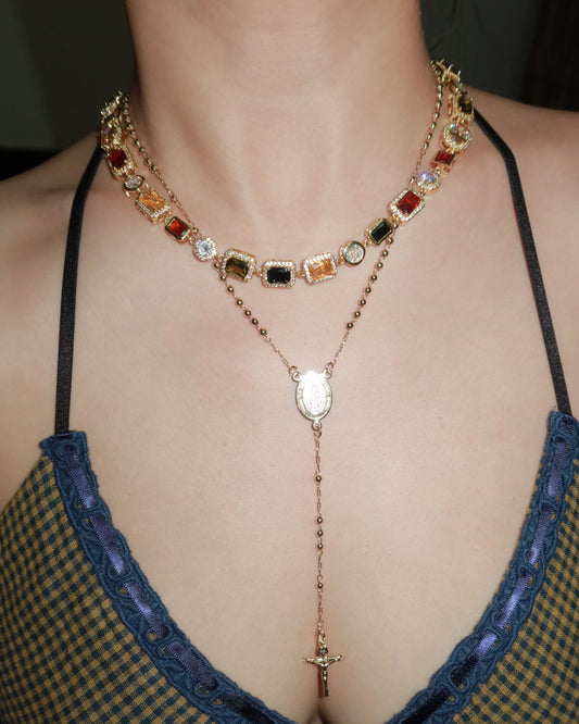 Madge Rosary Beaded Cross Golden Lariat Necklace