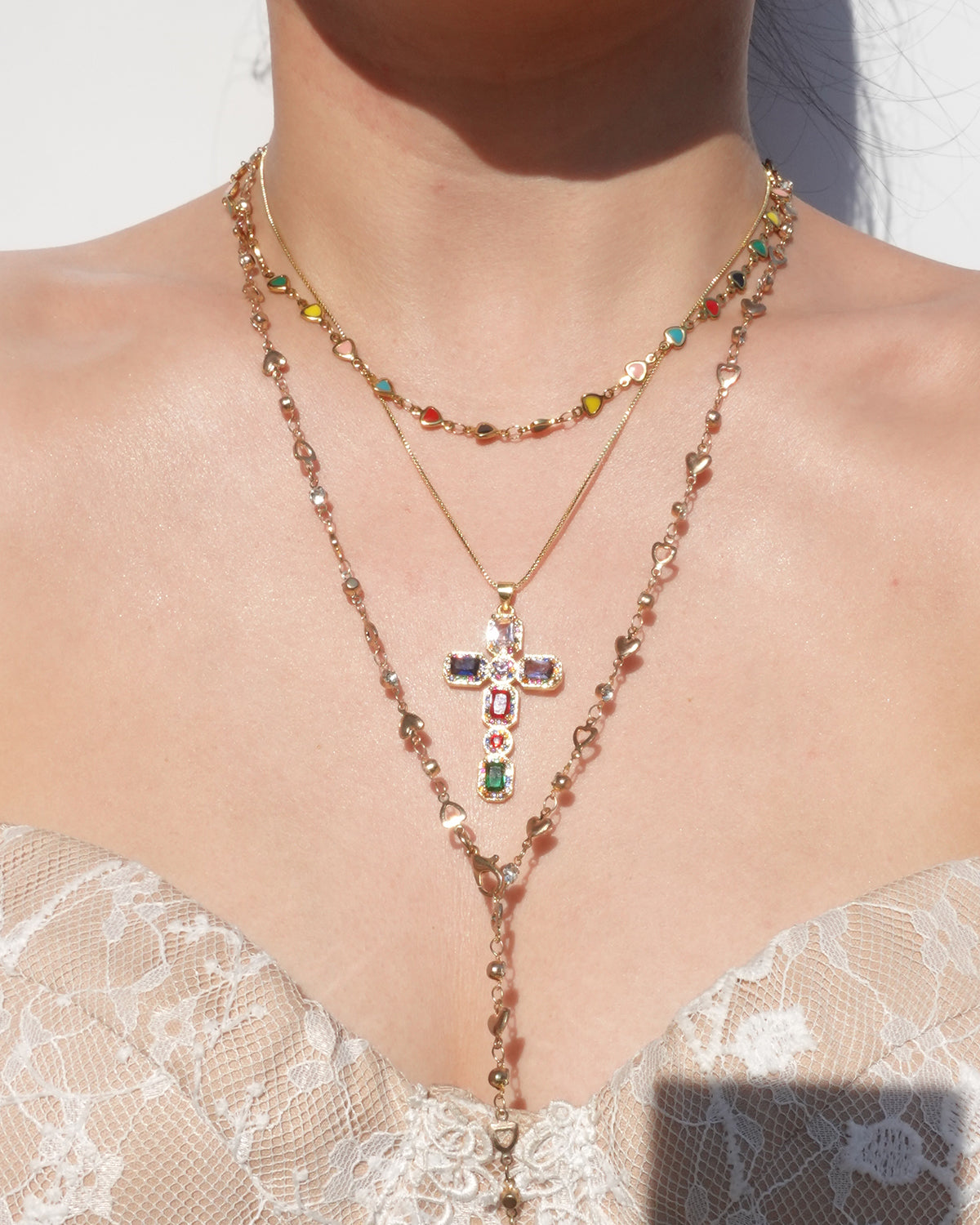 Eudora Rainbow Heart Enamel Beaded Golden Necklace