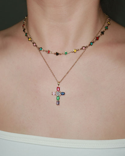 Elvira Colorful Stone Cross Golden Pendant Necklace
