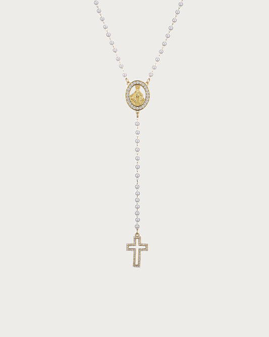 Virgin Mary Pearl Beaded Cross Golden Lariat Necklace