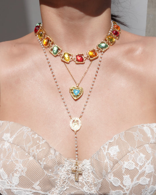 Marjorie Virgin Mary Pearl Beaded Cross Golden Lariat Necklace