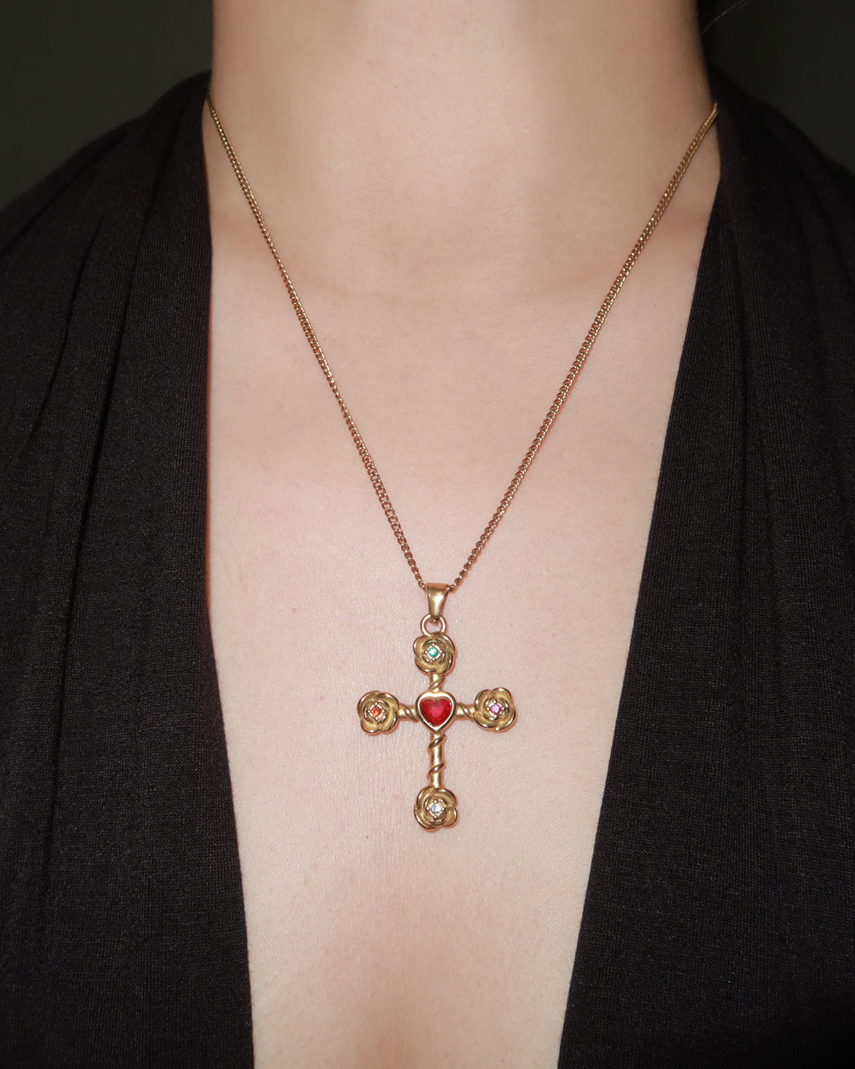 Carnelian Rose Corss Golden Necklace