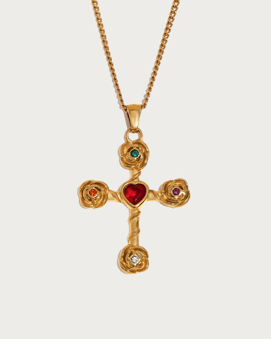 Carnelian Rose Corss Golden Necklace
