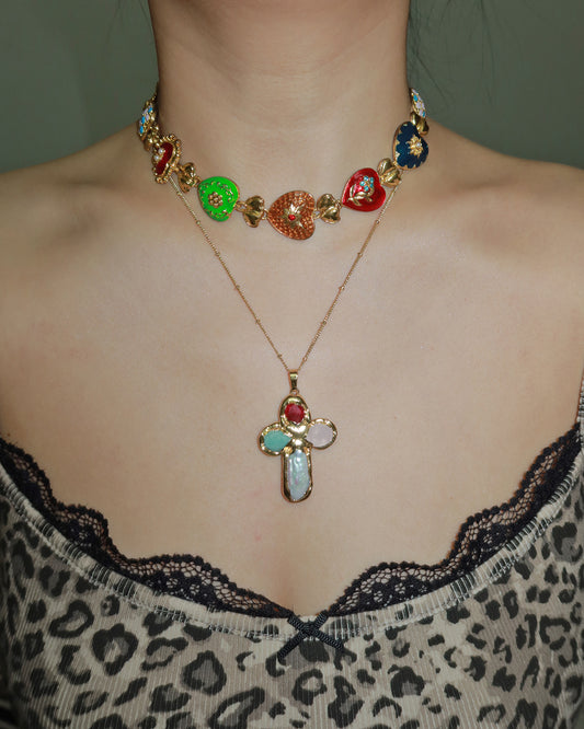 Astrid Colorful Cross Golden Pendant Necklace