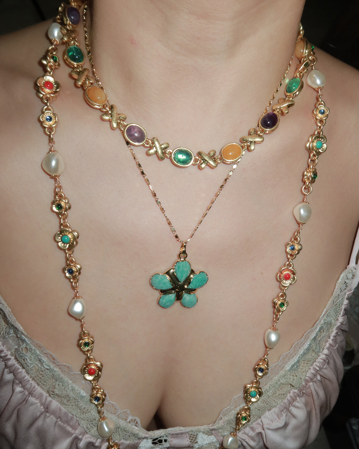 Lola Green Flower Golden Pendant Necklace