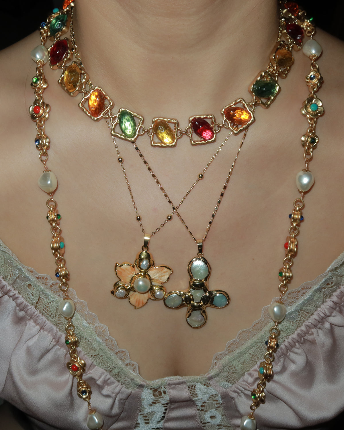 Betty Pearl Cross Golden Pendant Necklace