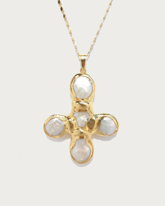 Betty Pearl Cross Golden Pendant Necklace