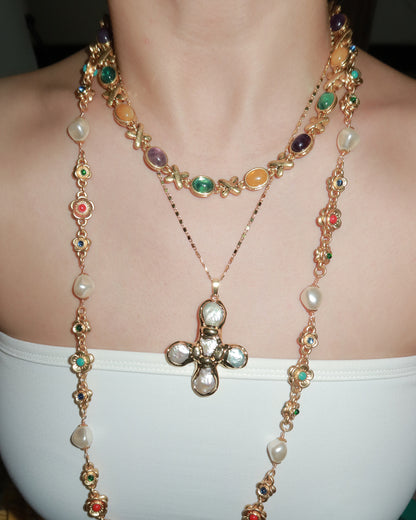 Betty Pearl Cross Golden Pendant Necklace