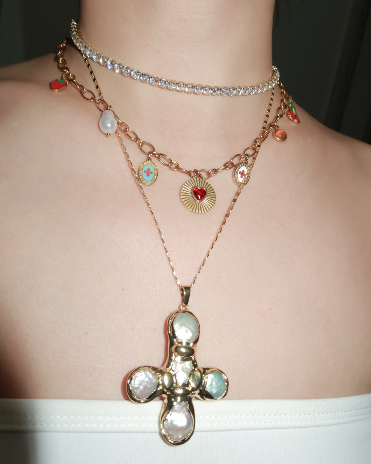 Betty Pearl Cross Golden Pendant Necklace