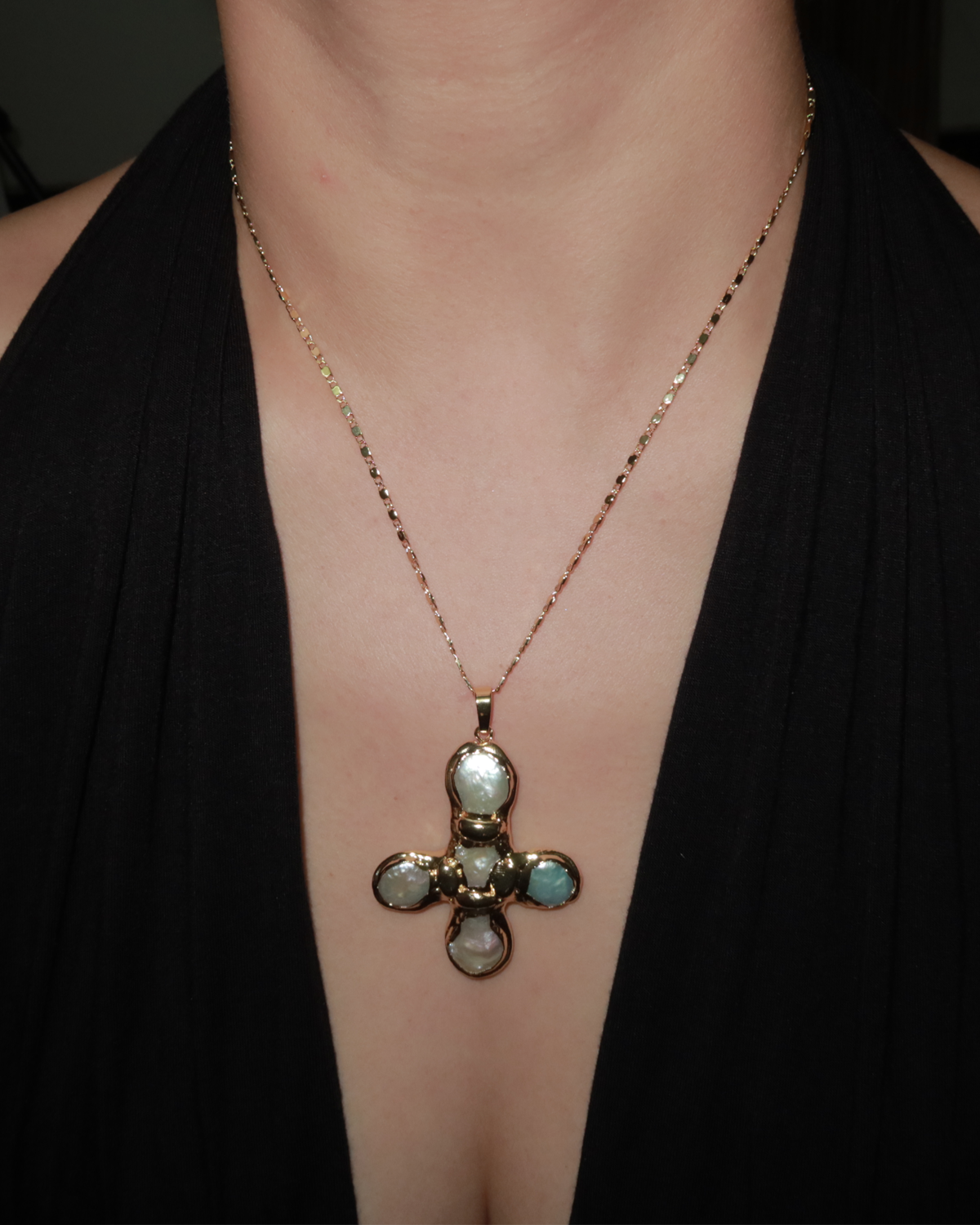 Betty Pearl Cross Golden Pendant Necklace