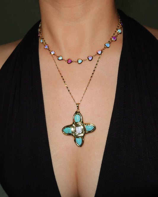 Eartha Unique Turquoise Cross Golden Pendant Necklace