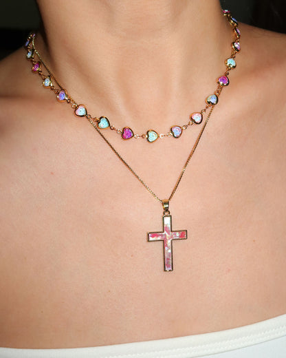 Dora Pink Sea Shell Cross Golden Pendant Necklace